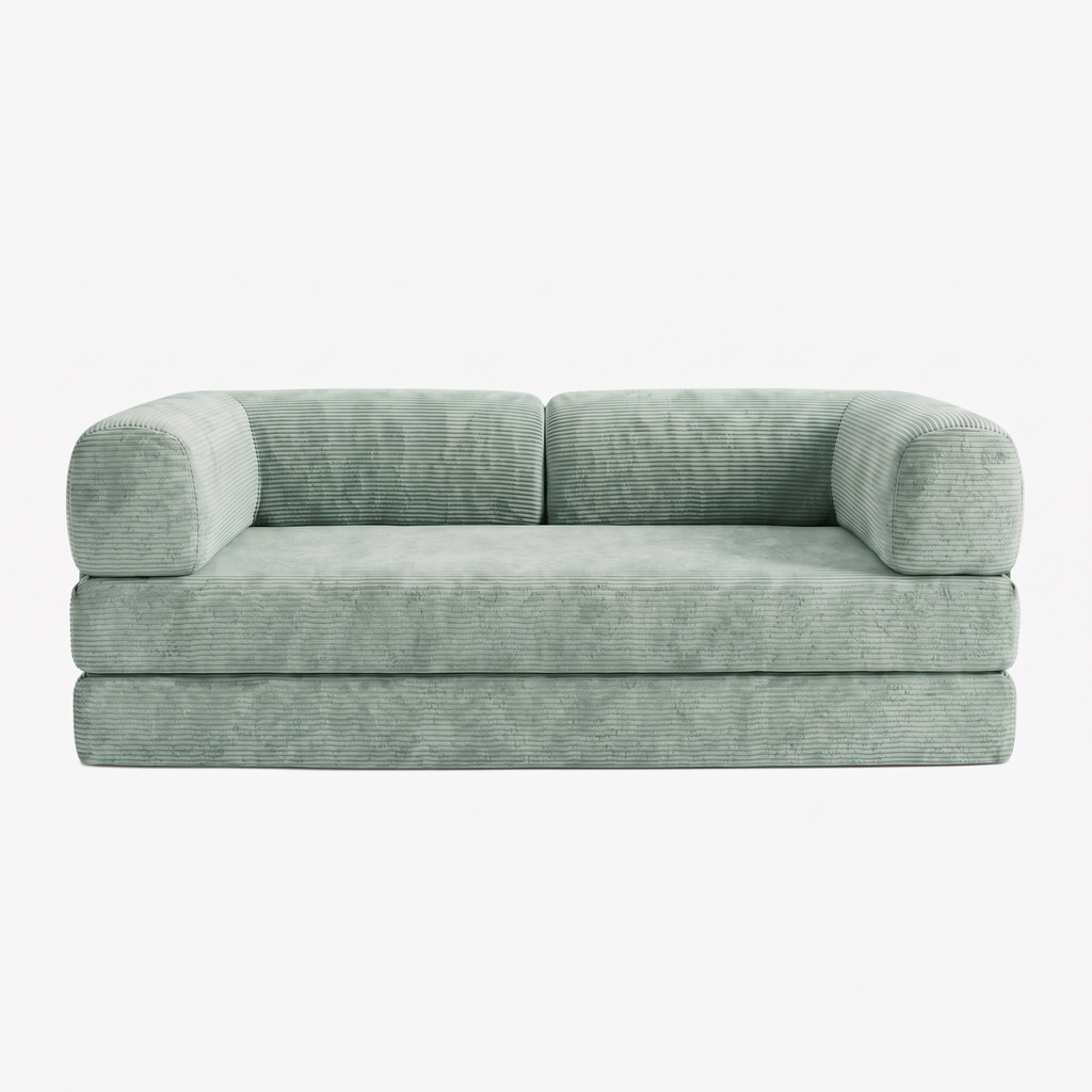 SORA 3-seater sofa bed in Celadon corduroy – studio view